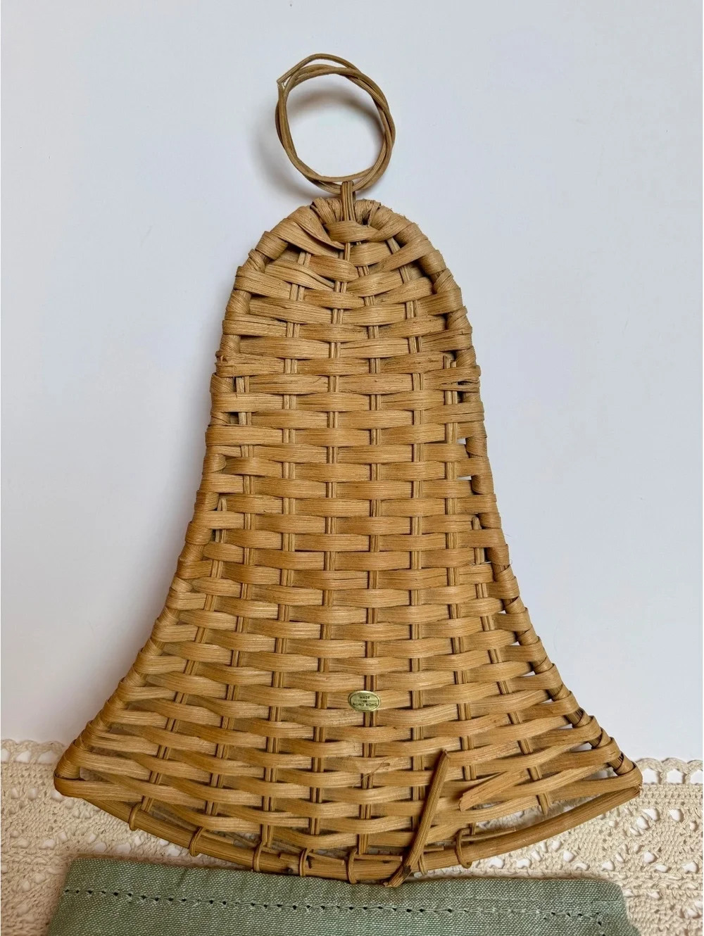 Vintage Wicker Bell Wall Hanging Made in Hong Kong Boho Rattan Wall Decor